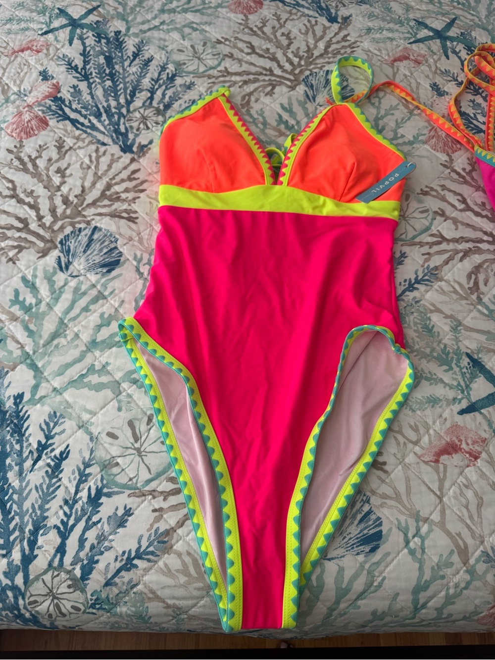 Popvil Neon Colorblock One-Piece Swimsuit - Hot Pink & Orange (NWT)